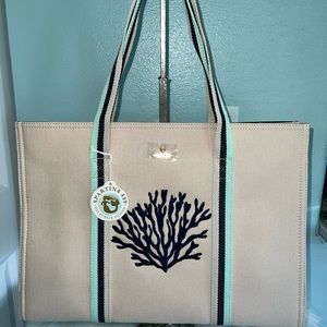 Spartina cream tote bag with embroidered coral new with tags